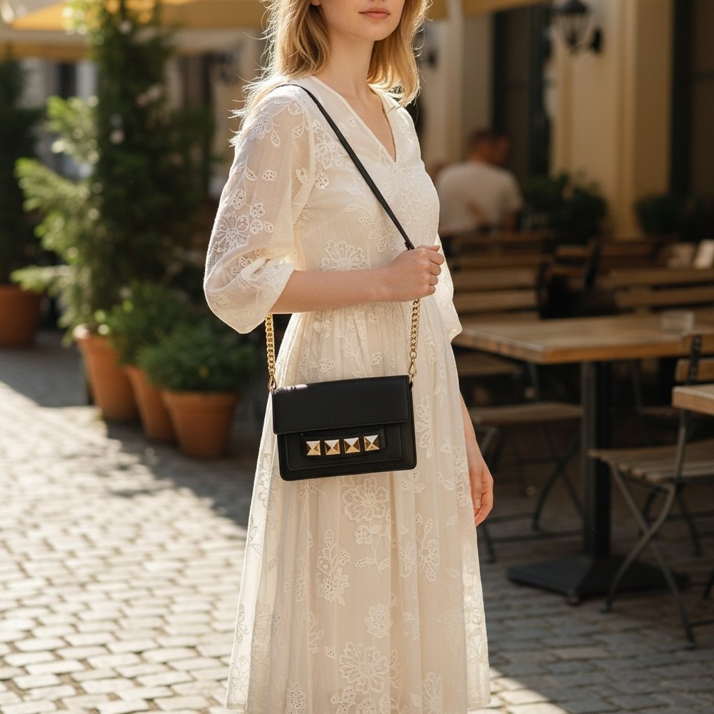 LP by Linea Pelle Black Leather Crossbody Bag Gold Pyramid Studs Chain Strap